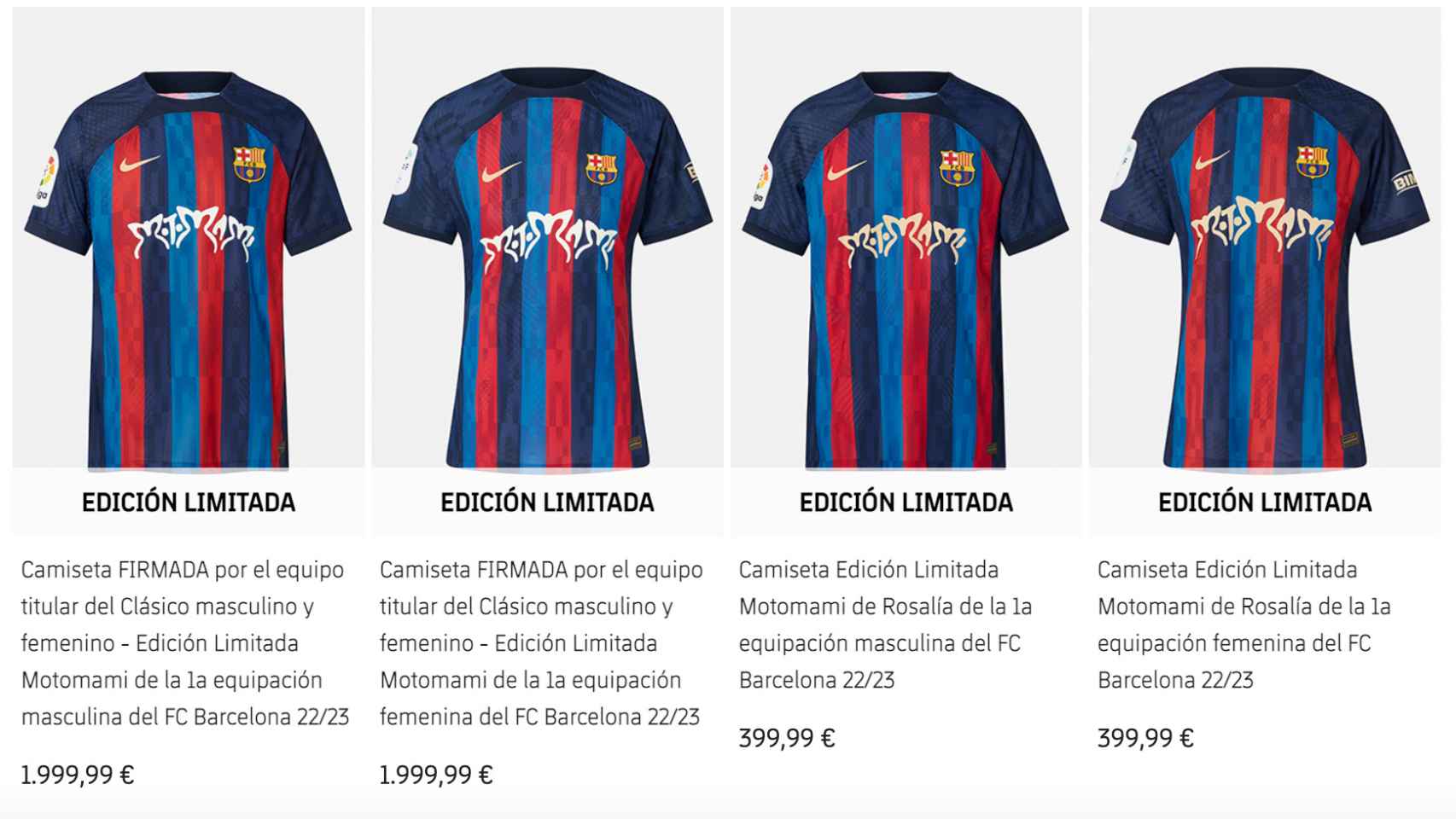 Camisetas 'motomami' del FC Barcelona en su tienda web