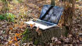 Imagen de un ordenador portátil sobre un tocón de árbol en el campo.