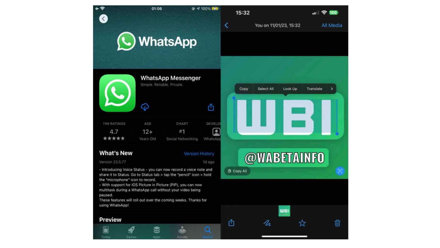 Función de WhatsApp para copiar texto en fotos