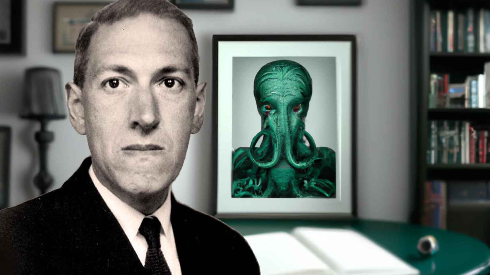 Fotografía de H. P. Lovecraft tomada en junio de 1934 por Lucius B. Truesdell, sobre un fondo generado por la inteligencia artificial Dall-E en el que aparece Cthulhu, su criatura más famosa