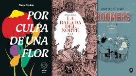 Portadas de 'Por culpa de una flor', de María Medem; 'La balada del norte. Tomo 4', de Alfonso Zapico; y 'Boomers', de Bartolomé Seguí