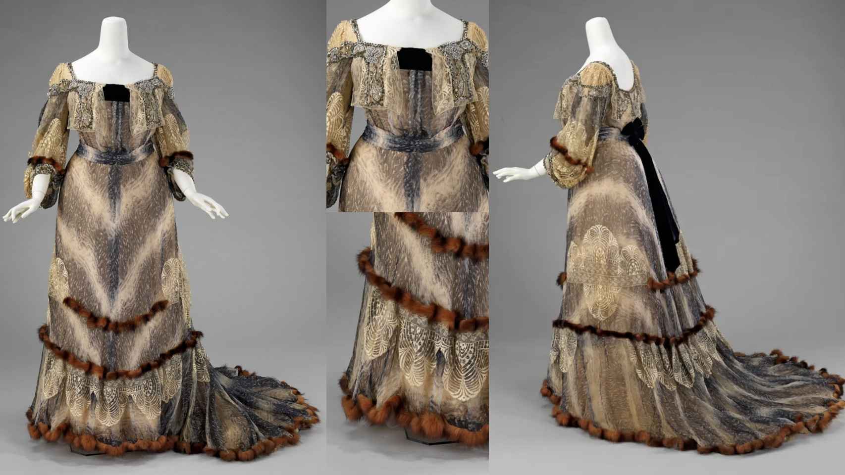 Uno de los primeros modelos de Chéruit, que se conserva en el Museo MET de Nueva York, con seda estampada imitando la piel de foca y adornado con piel de chinchilla en las mangas, la falda y el dobladillo.
