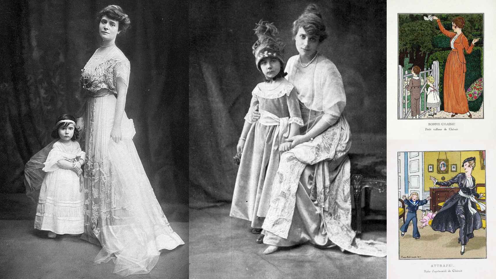 La diseñadora, junto a su hija Jacqueline, en 1906 y 1910, y dos ilustraciones de Pierre Brissaud de moda femenina e infantil.