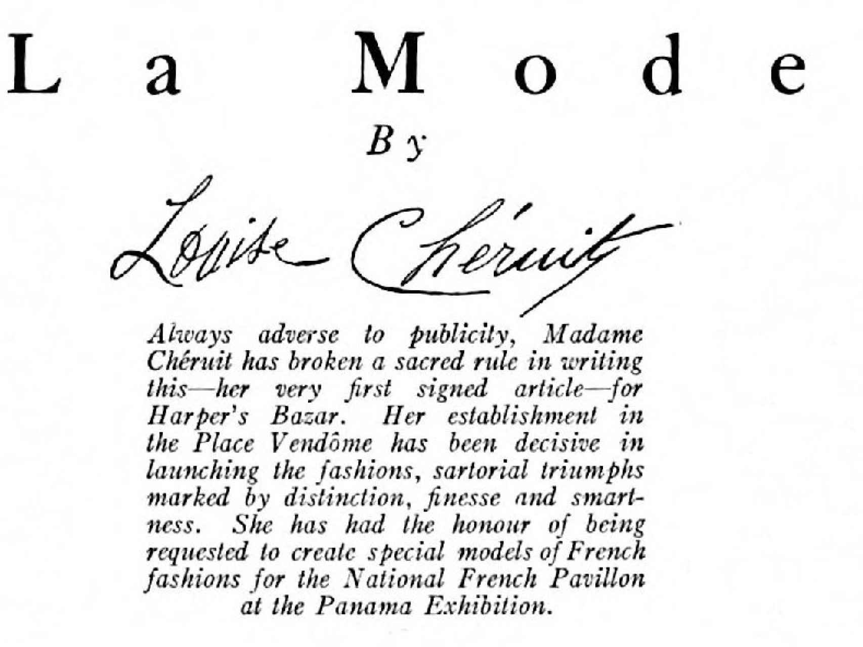 Artículo firmado por Louise Chéruit y publicado, en 1915, en la revista Harper's Bazar.