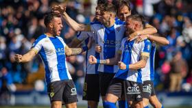 Los jugadores del Hércules celebran un gol esta temporada.