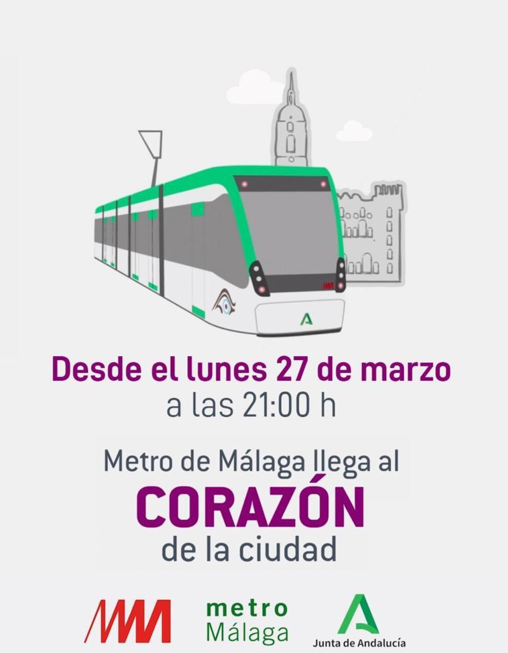 Anuncio de Metro de Málaga sobre la puesta en servicio del tramo al Centro.