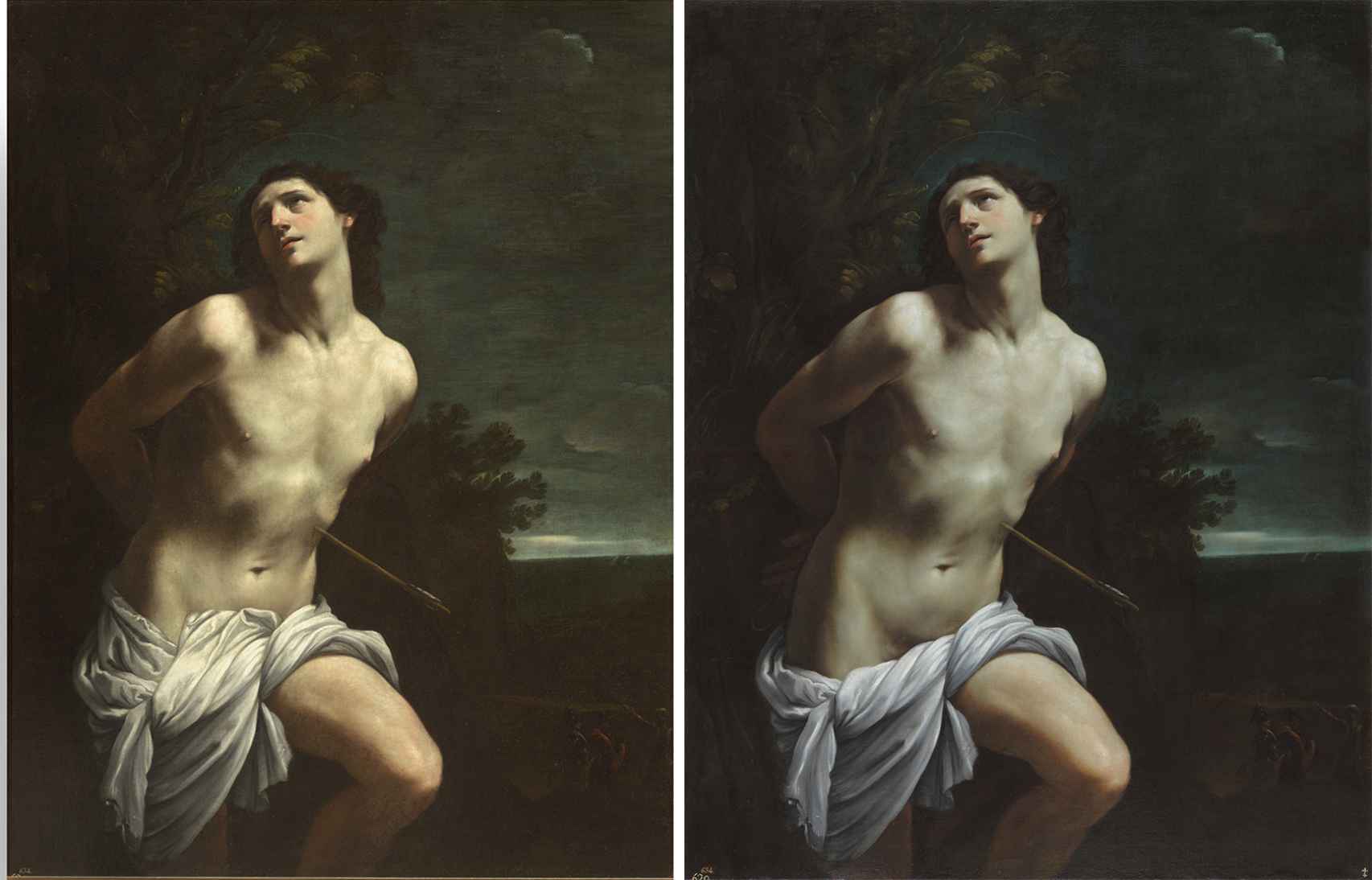 El 'San Sebastián' de Guido Reni, antes y después de la restauración. Fotos: Museo del Prado
