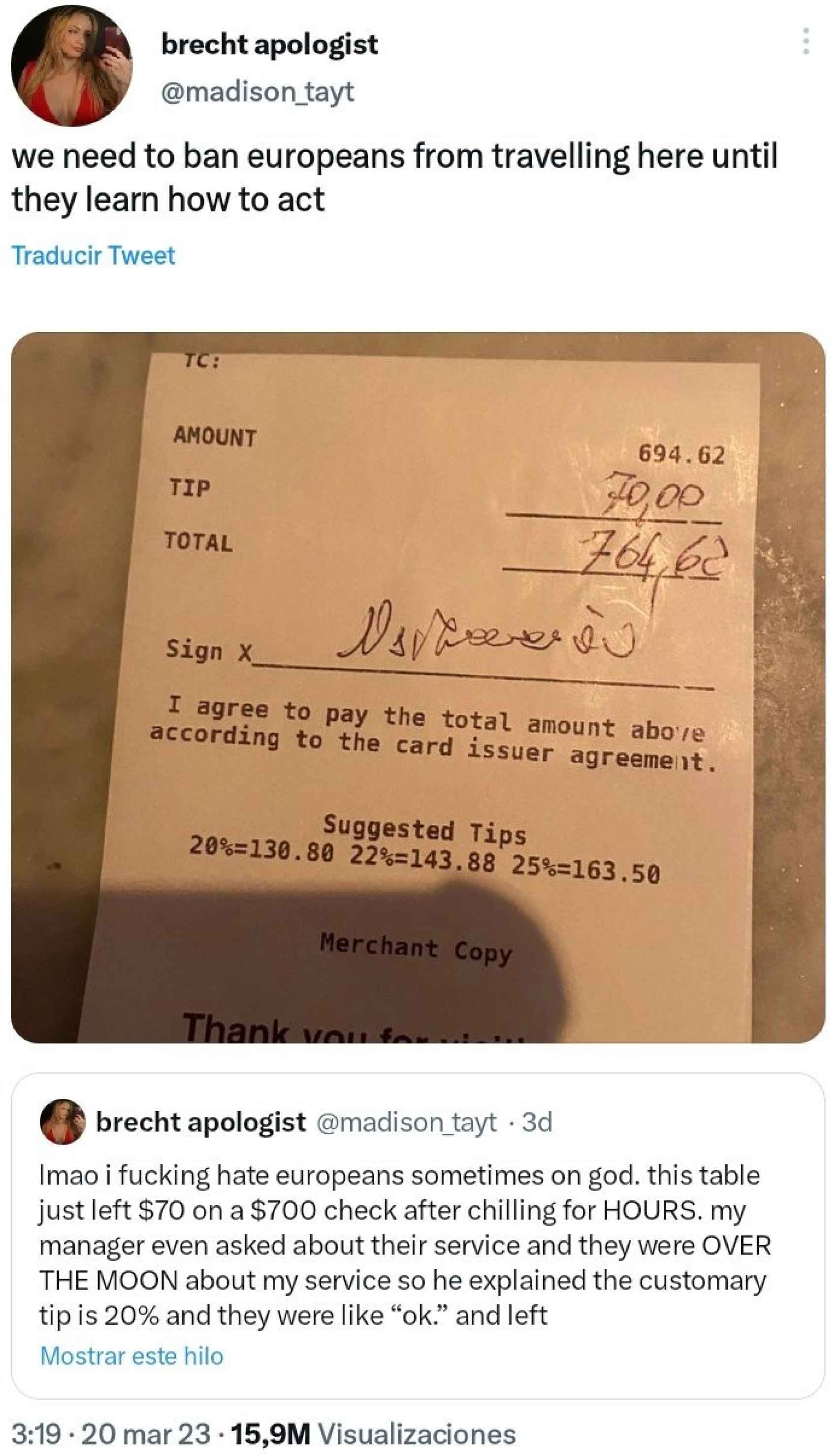 El tuit de la camarera que se ha hecho viral y ha desaparecido de Twitter.