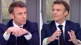Momentos previos a que Macron se quitara el reloj por debajo de la mesa durante una entrevista.