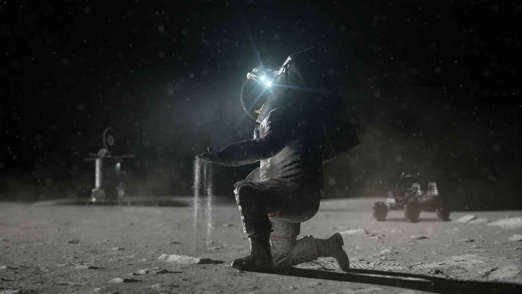 Representación de astronauta con el regolito lunar