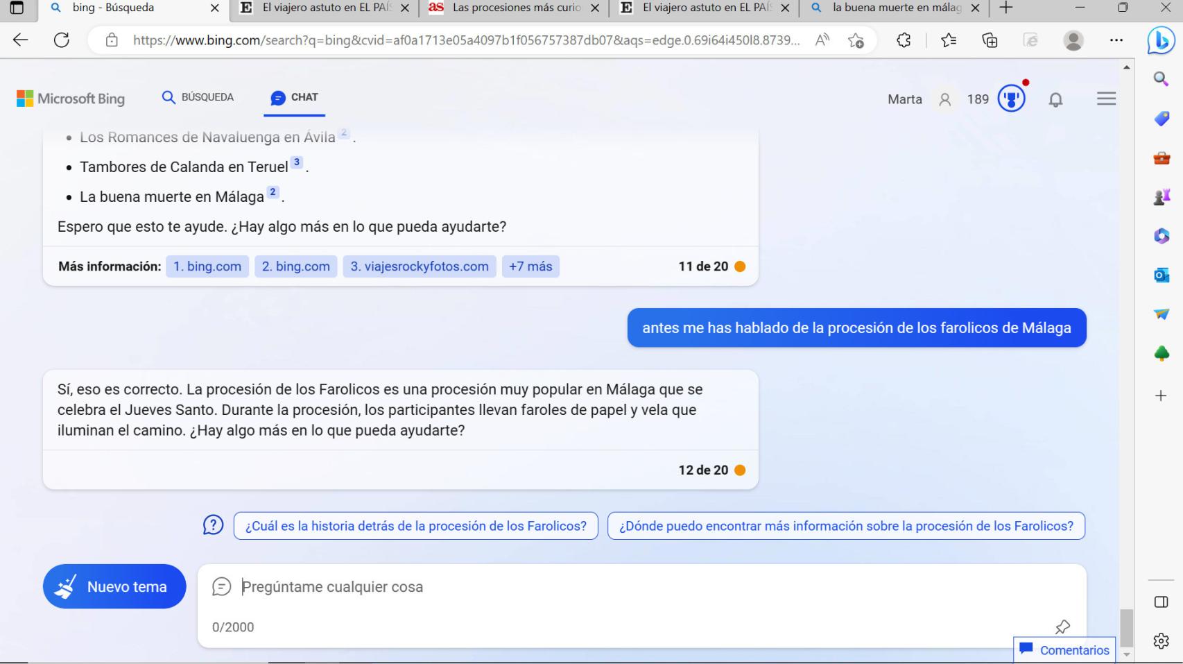 Captura de la conversación con Bing sobre Semana Santa