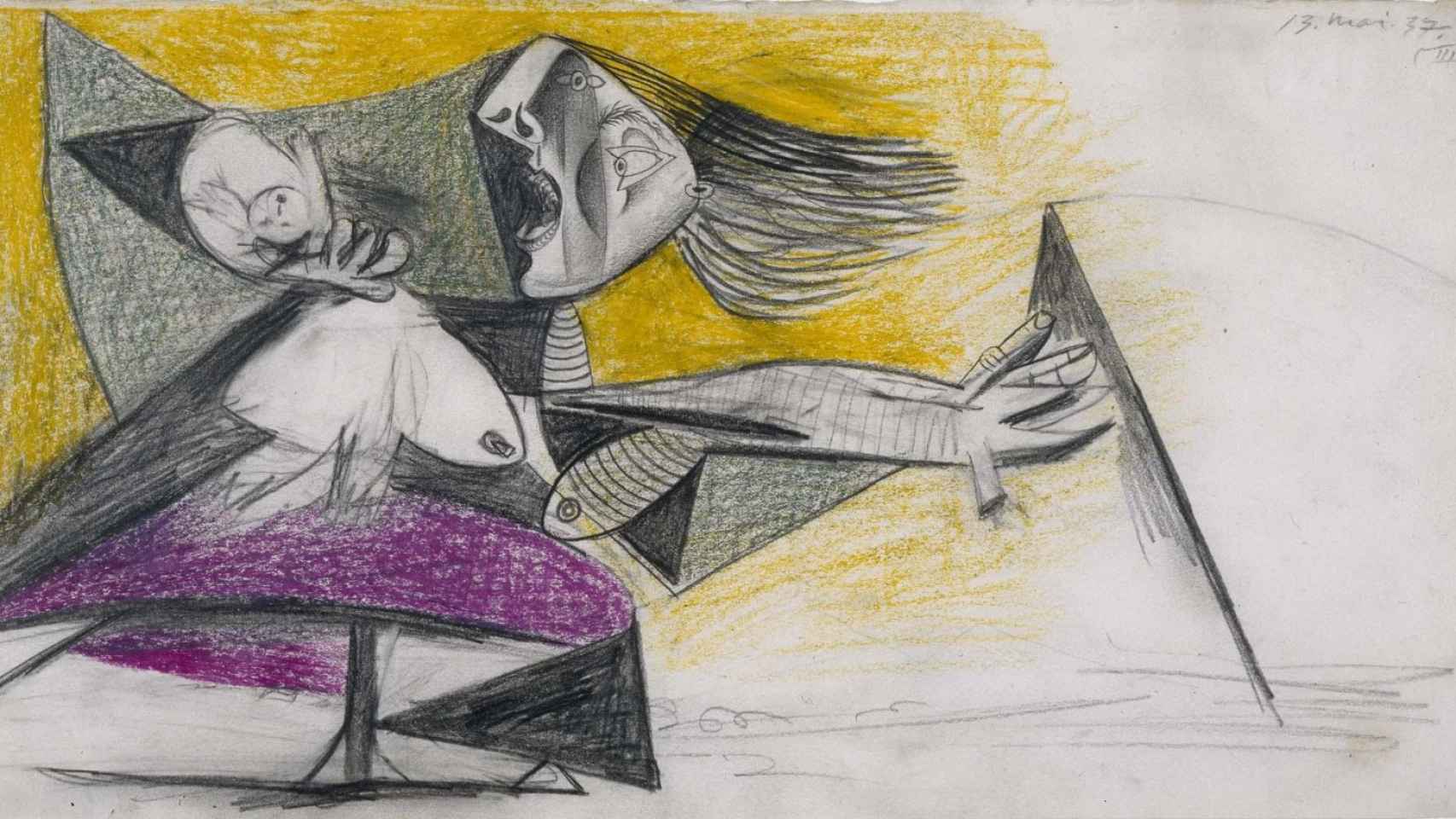 'Madre con niño muerto (II)', 1937. Dibujo preparatorio para 'Guernica'. Museo Nacional Reina Sofía. © Sucesión Pablo Picasso, VEGAP, 2023