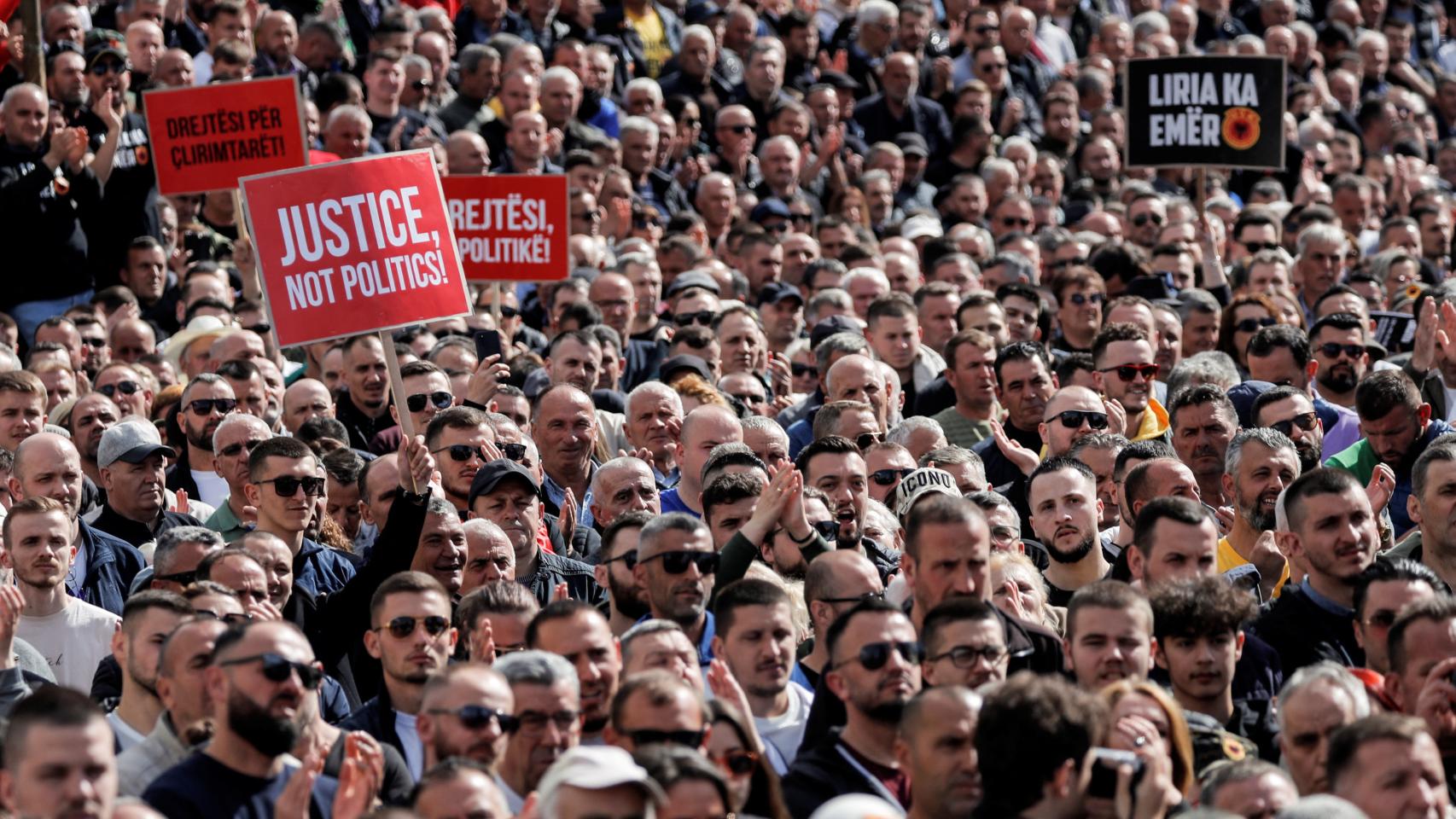 Attendees at a March for Justice in Pristina in support of former President Hashim Thaçi.