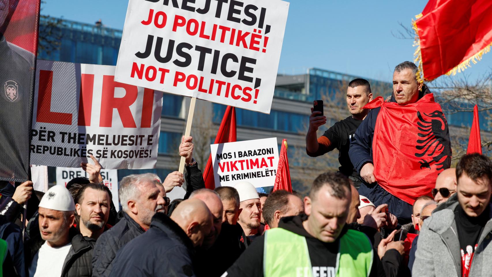 Protest in The Hague, where a banner reads: Justice, not politics!