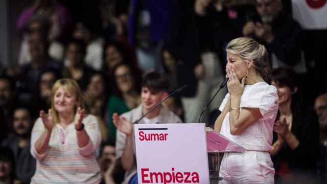 La vicepresidenta segunda del Gobierno, Yolanda Díaz, durante la presentación de su plataforma Sumar, este domingo en Madrid.