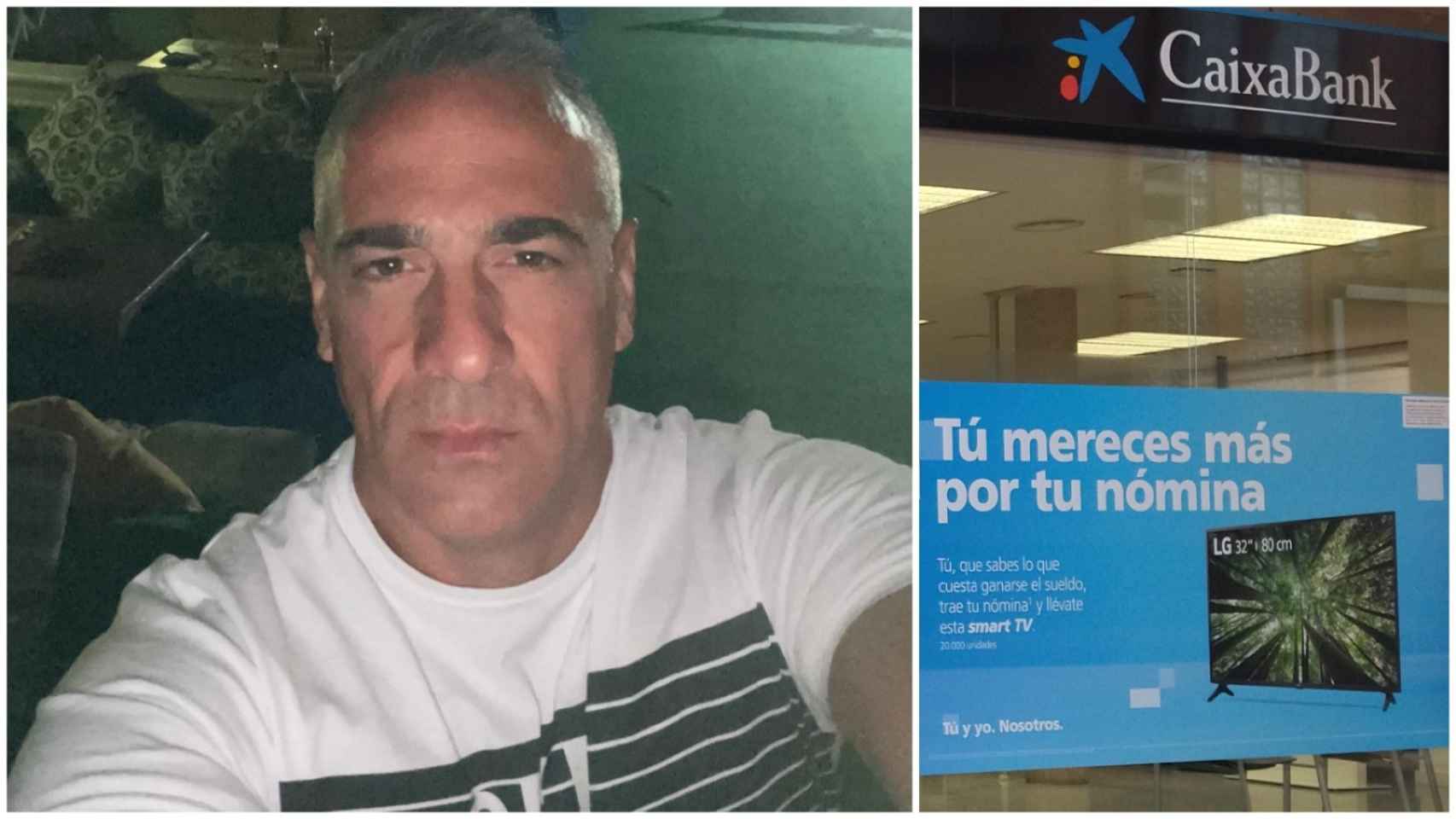 Raúl, en una foto cedida por una amiga, junto a la sucursal de CaixaBank que supuestamente atracó el 23 de marzo en la pedanía murciana de Guadalupe.