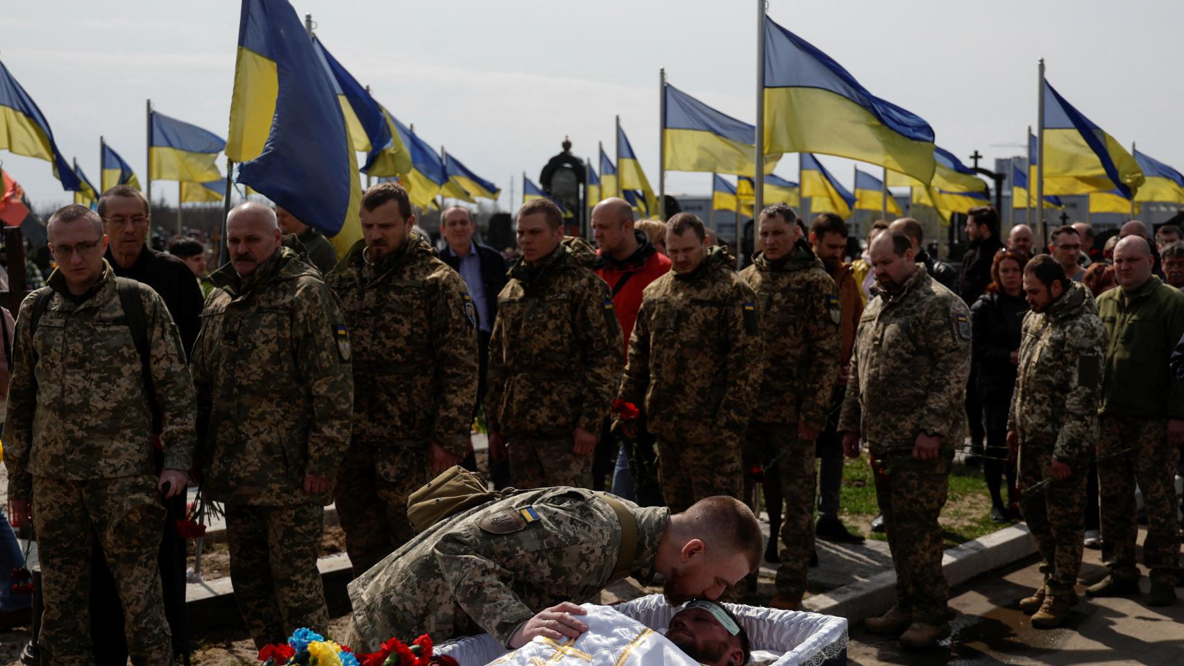 The funeral of Kostiantyn Starovytskyi, a conductor who was killed in action this April.