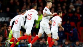 Los jugadores del Sevilla, celebrando un gol ante el Manchester United en la Europa League 2022/2023