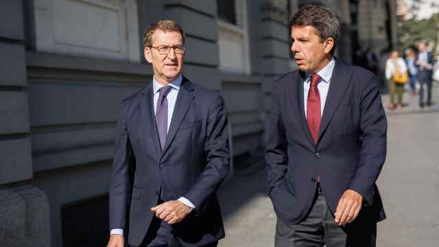 Feijóo y Carlos Mazón, presidente del PP en la Comunidad Valenciana, este jueves en Madrid.