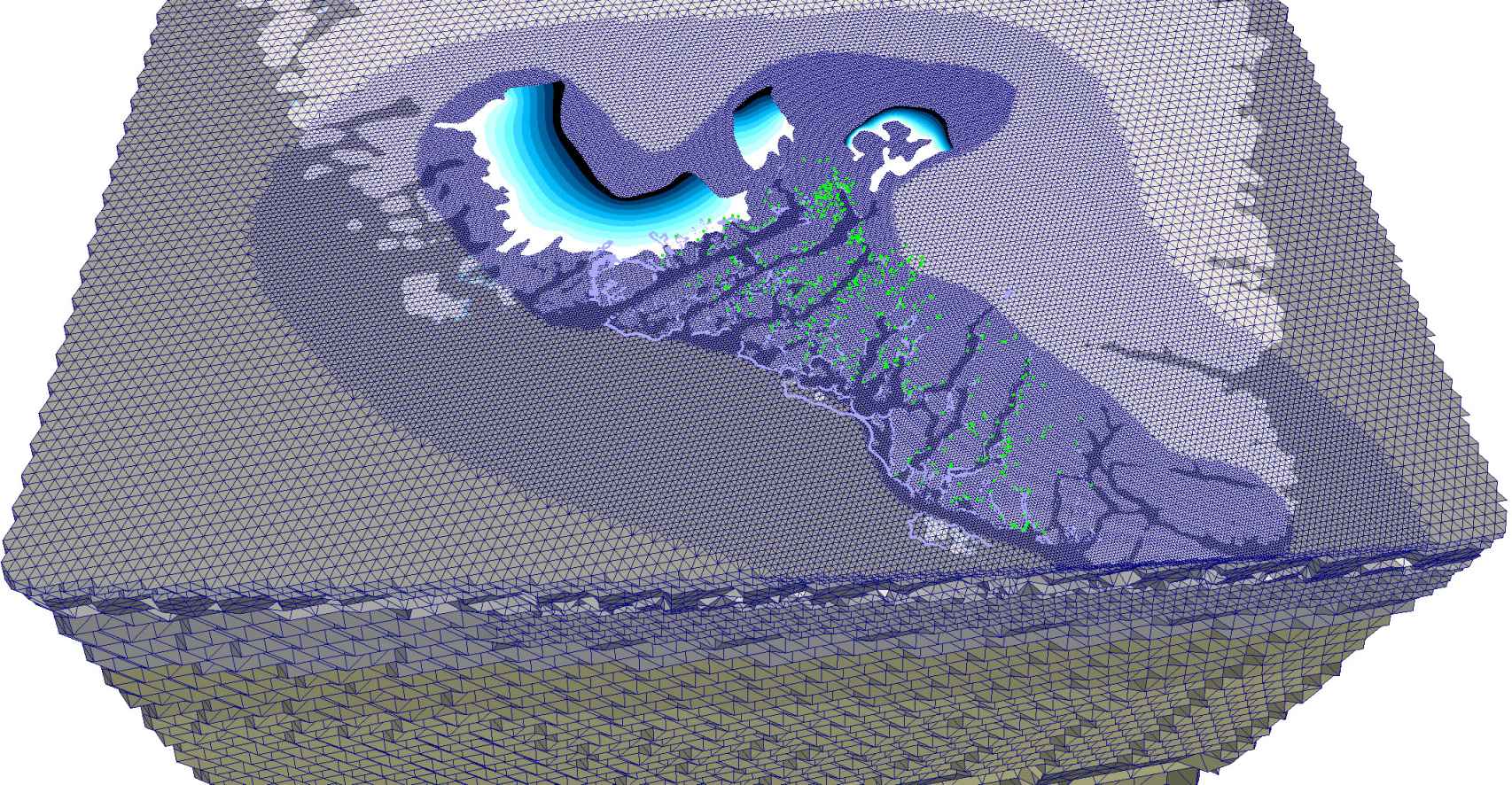 Simulación de los niveles del mar en la capa de hielo sur de Groenlandia, asentamientos vikingos (puntos verdes) y áreas inundadas (azul).