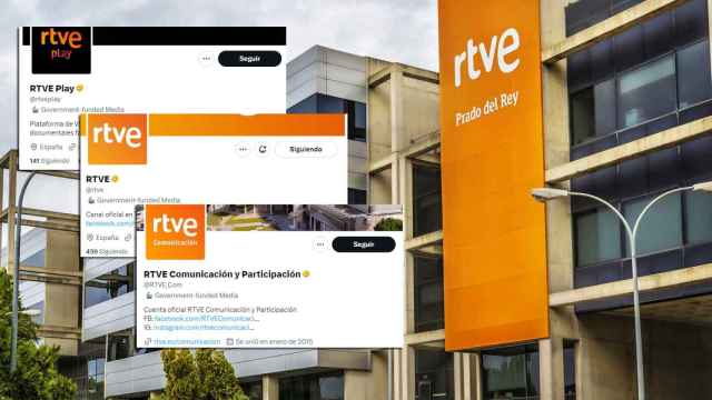 Varias imágenes de las cabeceras de Twitter de RTVE y su edificio de Prado del Rey