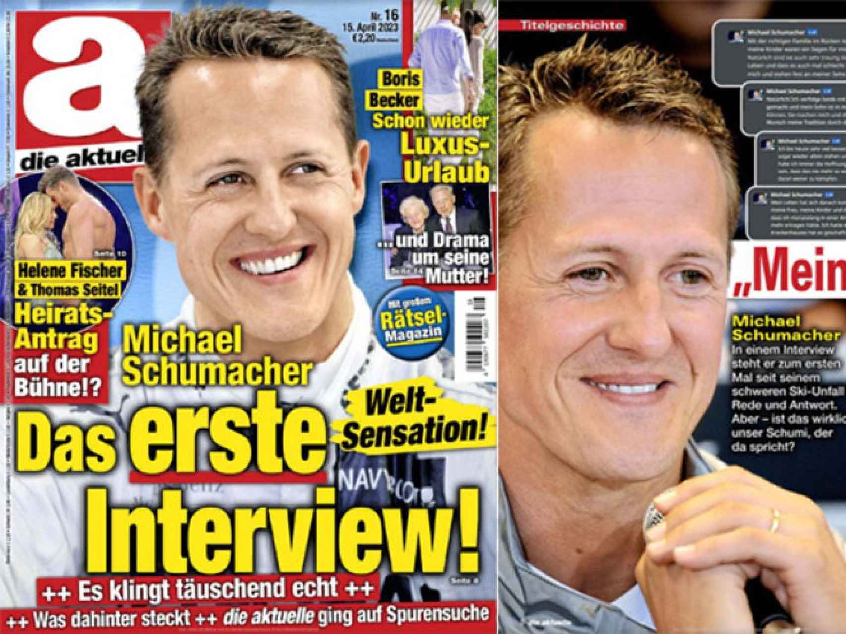 Portada y fragmento de la engañosa entrevista a Michael Schumacher