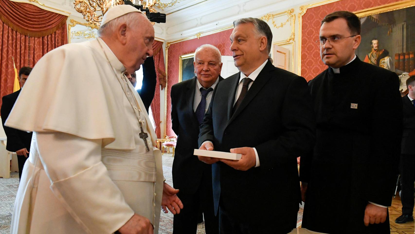 Pope Francis meets with the Prime Minister of Hungary, Victor Orban, during his apostolic journey, at the Sandor Palace in Budapest.