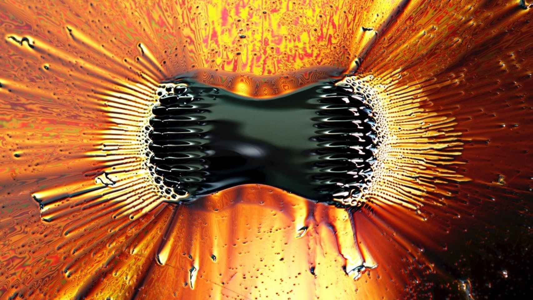 Ferrofluido que se agrupa cerca de los polos  de un magneto poderoso. Imagen:  Gregory F. Maxwell