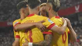 Los jugadores del Girona FC, celebrando el gol del 'Taty' Castellanos