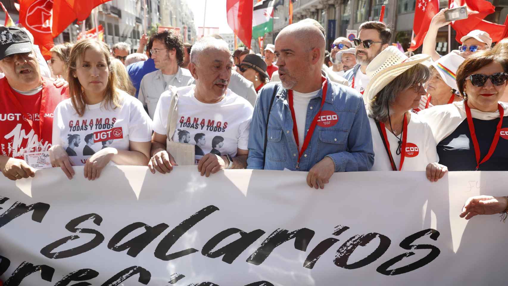 Pepe Álvarez (UGT) y Unai Sordo (CCOO), en la manifestación por el 1 de mayo en Madrid.