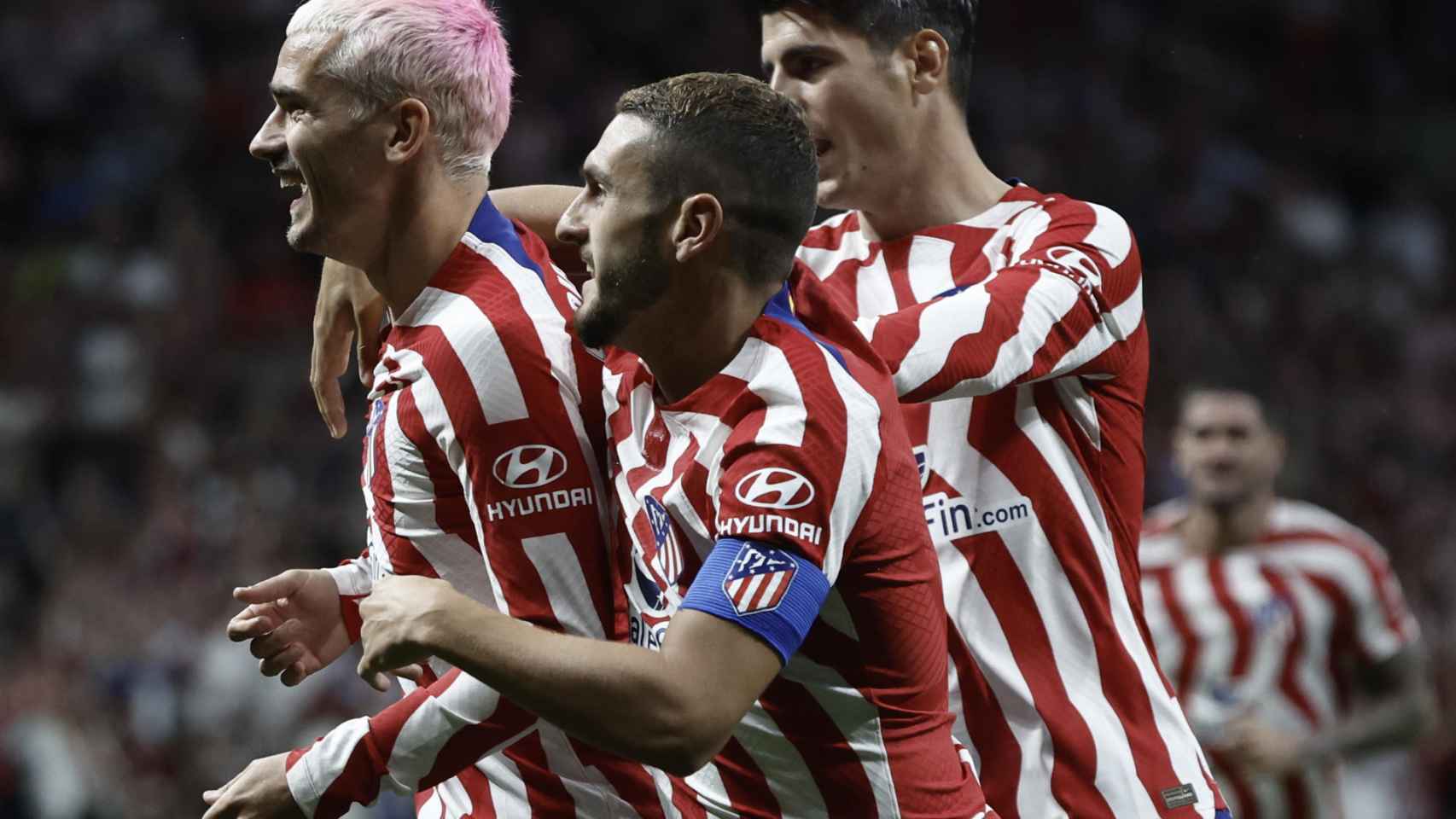 Griezmann, Koke y Morata, celebrando el gol del Atlético de Madrid del francés