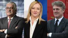 El ex CEO de Enel, Francesco Starace, la presidenta de Italia, Giorgia Meloni, y el nuevo CEO de Enel, Flavio Cattaneo.