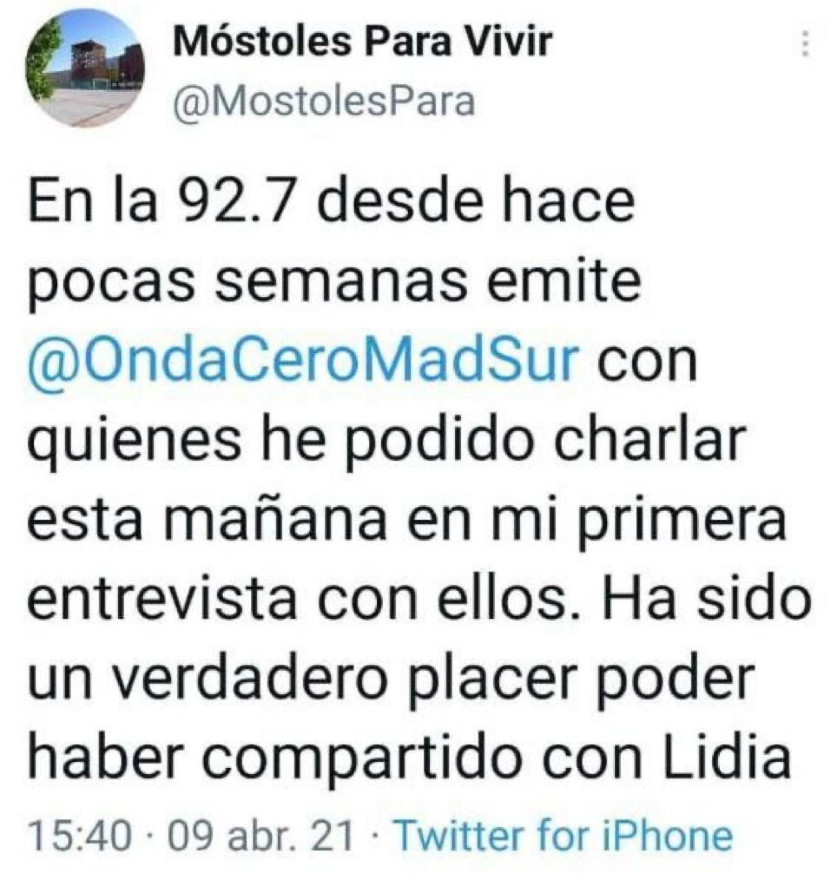 Tweet de la cuenta Móstoles para Vivir en el que se hace referencia a la entrevista que tuvo Noelia Posse.