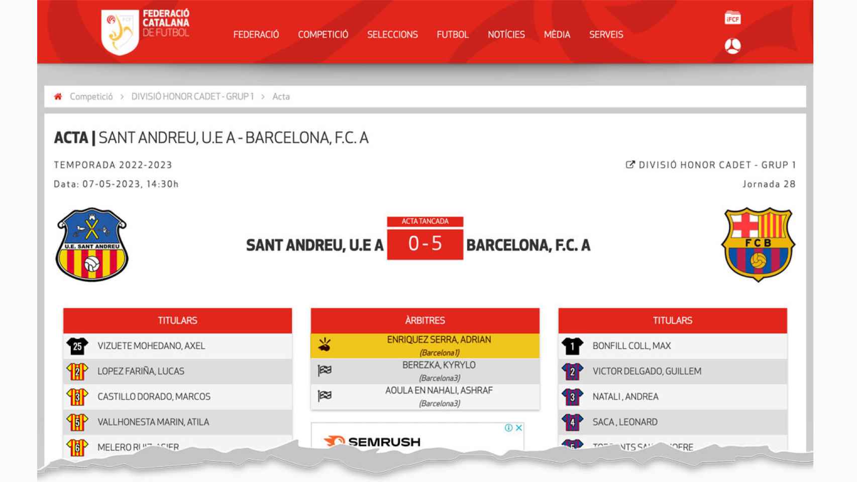 Federación Catalana de Fútbol: partido entre la UE Sant Andreu y el FC Barcelona