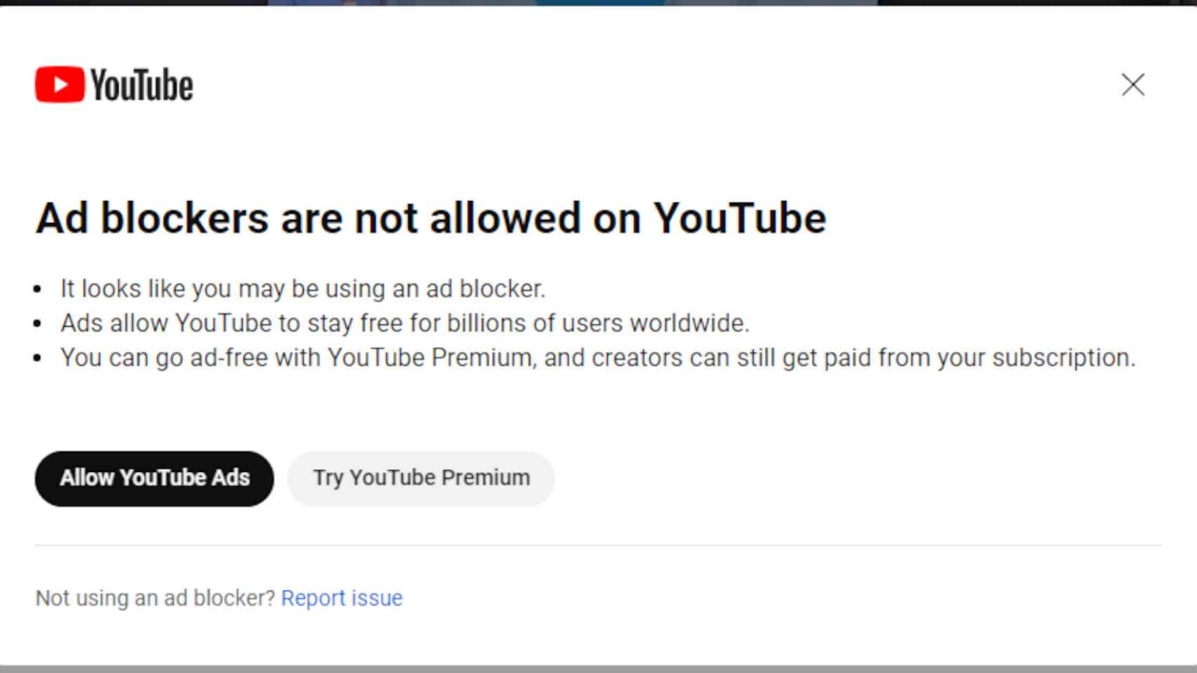The message that appears for some YouTube users