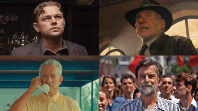 De izquierda a derecha y de arriba abajo, Leonardo di Caprio en 'Killers of the Flower Moon', Harrison Ford en 'Indiana Jones y el dial del destino', Tom Hanks en 'Asteroid City' y Nanni Moretti en 'El sol del futuro'