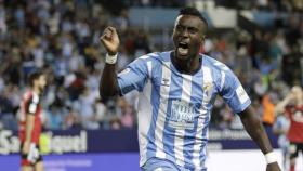 Lago Junior celebra un gol del Málaga CF contra el Mirandés