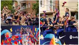 Combo de los autobuses del FC Barcelona masculino y femenino de la rúa de campeones de Liga 2022/2023