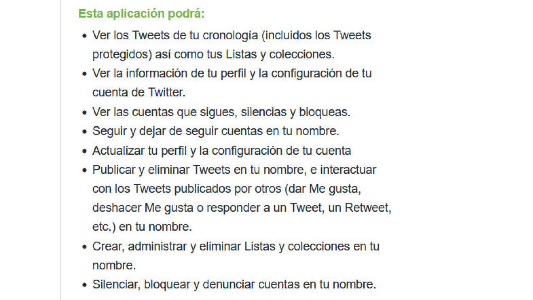 List of permissions requested by the application that calculates the value of the Twitter account