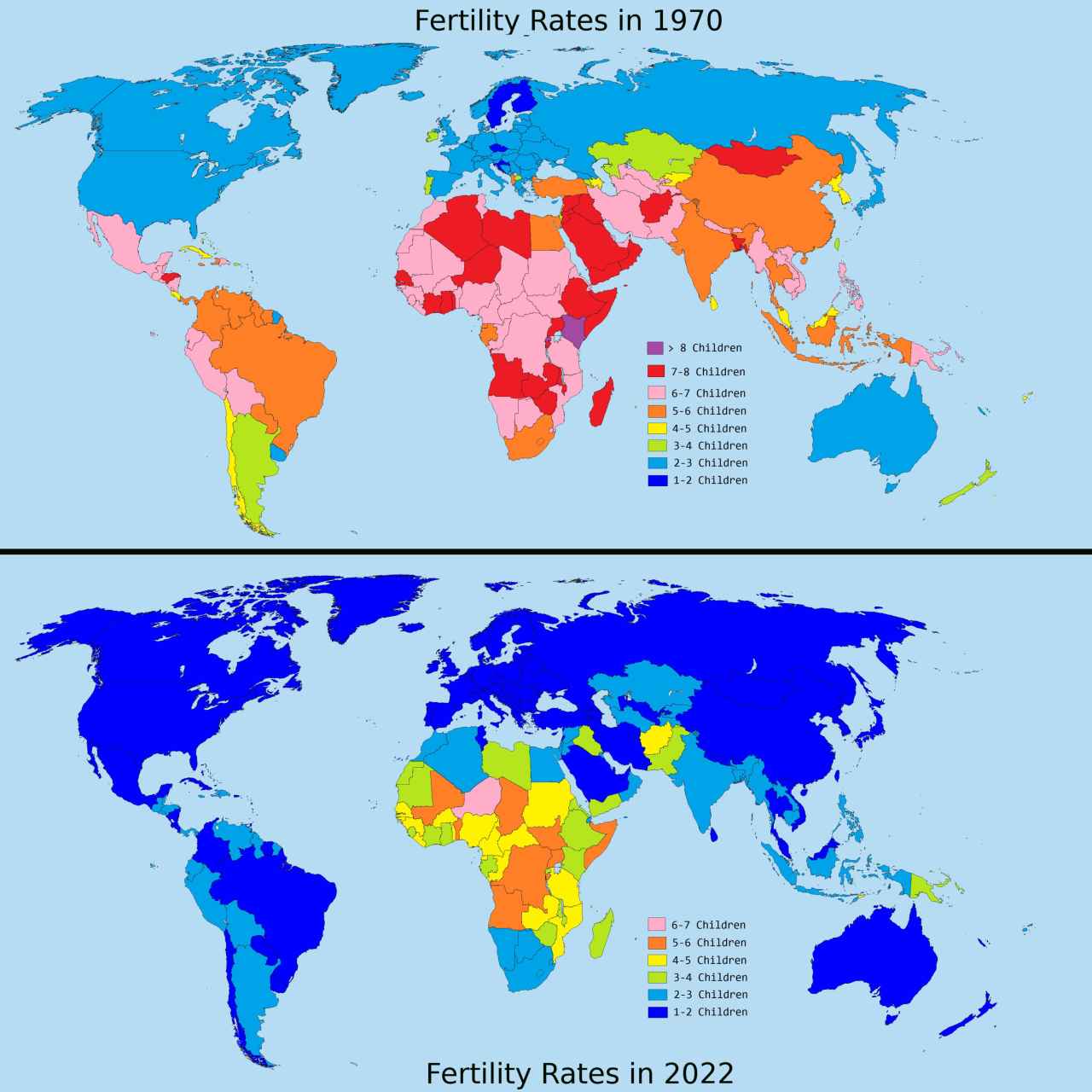 Comparación de las tasas de fertilidad en 1970 con las de 2022.