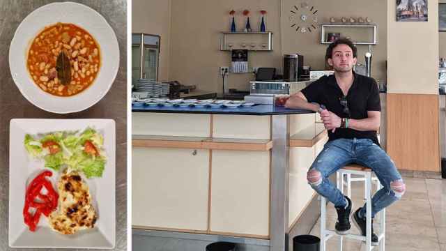 Mario en su negocio, la Cafetería de Usos Múltiples ubicada en Valladolid, y un menú