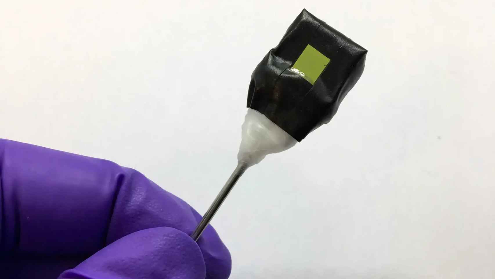 Una hoja artificial independiente sujeta a un soporte de varilla metálica