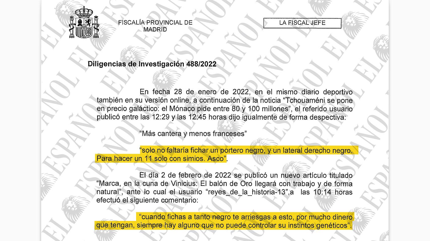 Resolución de la Fiscalía Provincial de Madrid sobre la denuncia por insultos racistas presentada por el Real Madrid