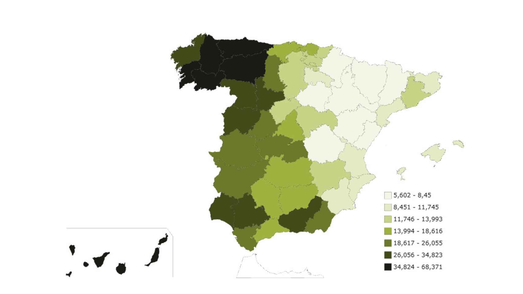 Mapa de distribución del apellido 'Rodríguez' en España