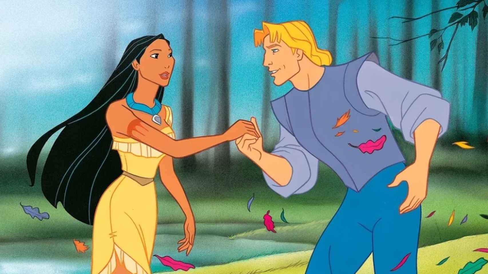 Pocahontas y John Smith en la película de Disney.