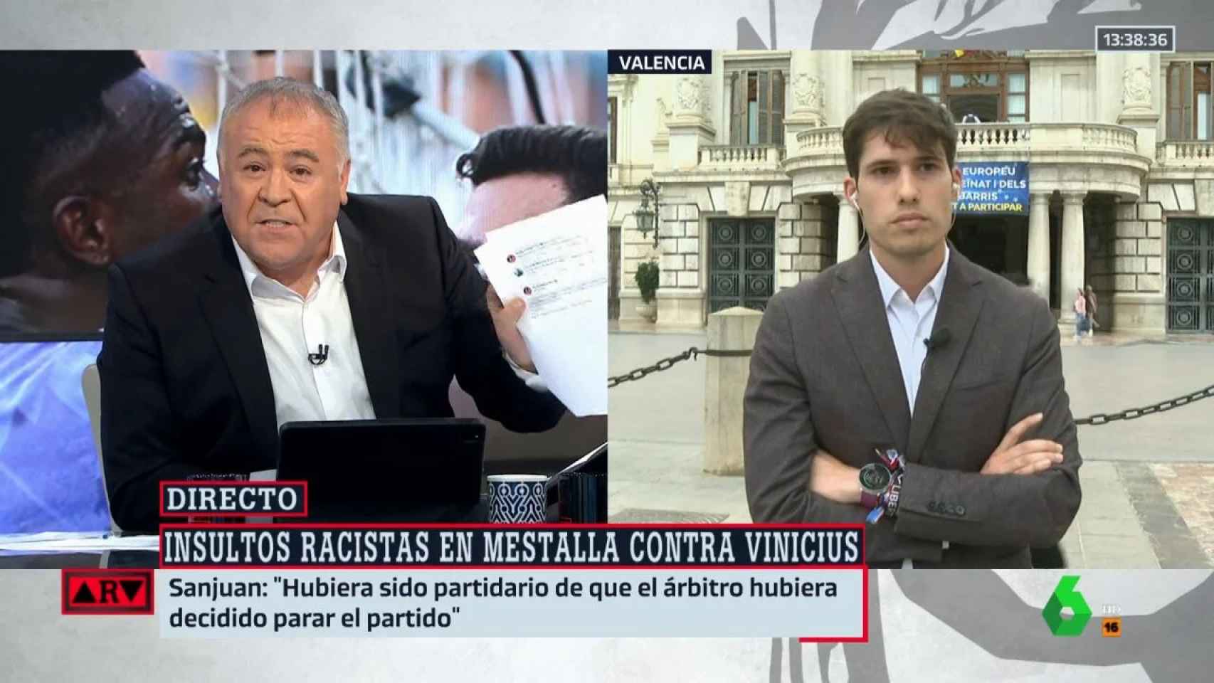 Descomunal enfado de Ferreras con el portavoz del PSOE en Valencia por los insultos racistas a Vinicius