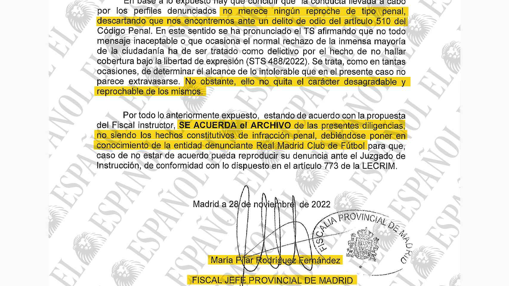 Resolución de la Fiscalía Provincial de Madrid sobre la denuncia por insultos racistas presentada por el Real Madrid