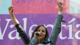 La ministra de Derechos Sociales y secretaria general de Podemos, Ione Belarra, en el acto central de campaña de Podemos-IU-AV en Madrid.