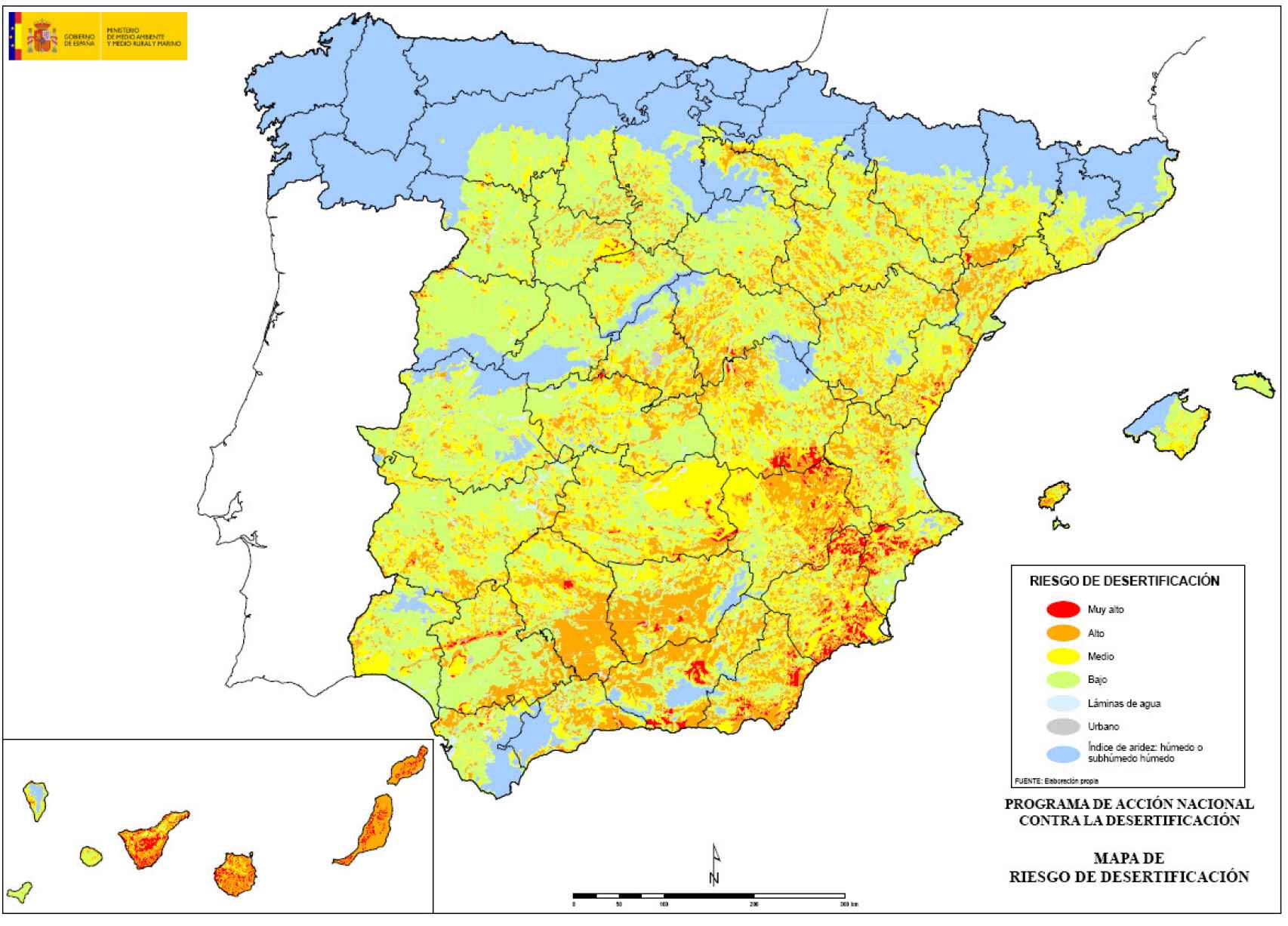 Mapa del riesgo de desertificación en España.