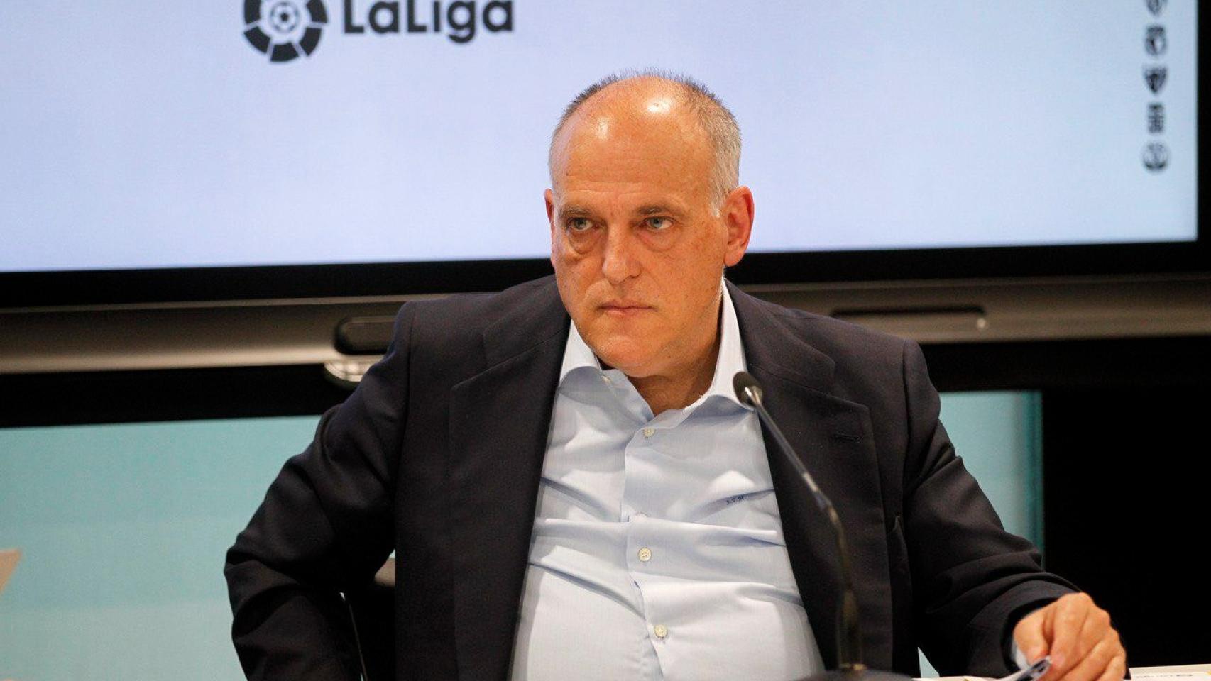 Javier Tebas, durante su intervención en la rueda de prensa.